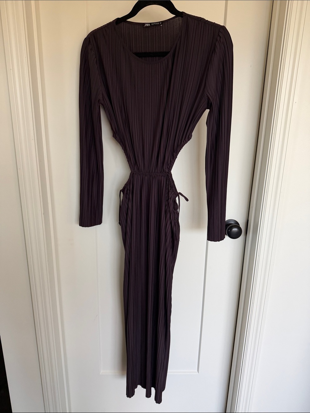 Zara Deep Plum Long-Sleeve Pleated Maxi Dress